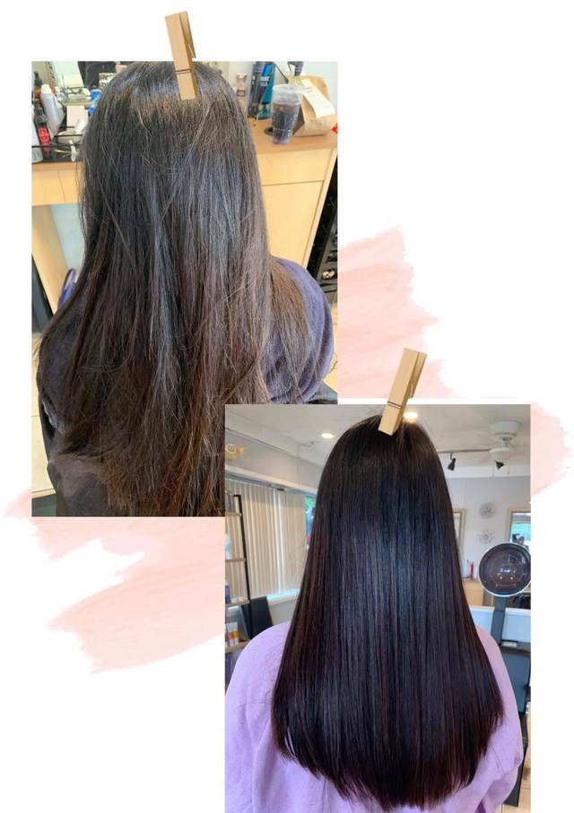 Before and after photos of long dark hair, rough and frizzy before and smooth and glossy after