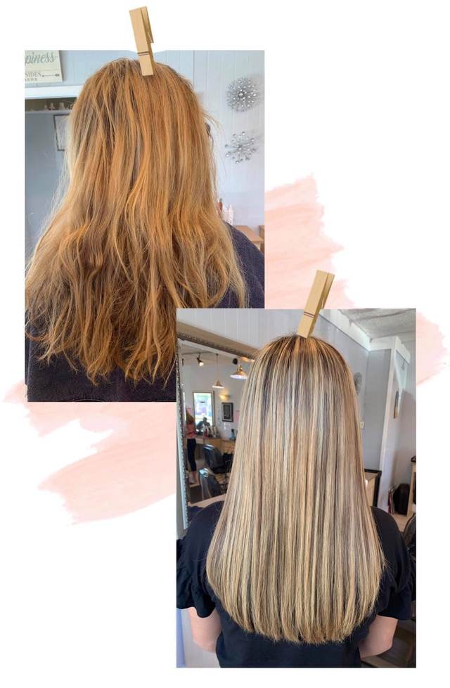Before and after photos, warm orange hair before and dimensional blonde highlights after
