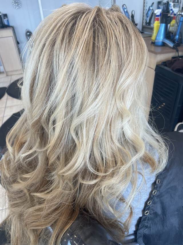 Back view of long layered blonde hair with soft highlights
